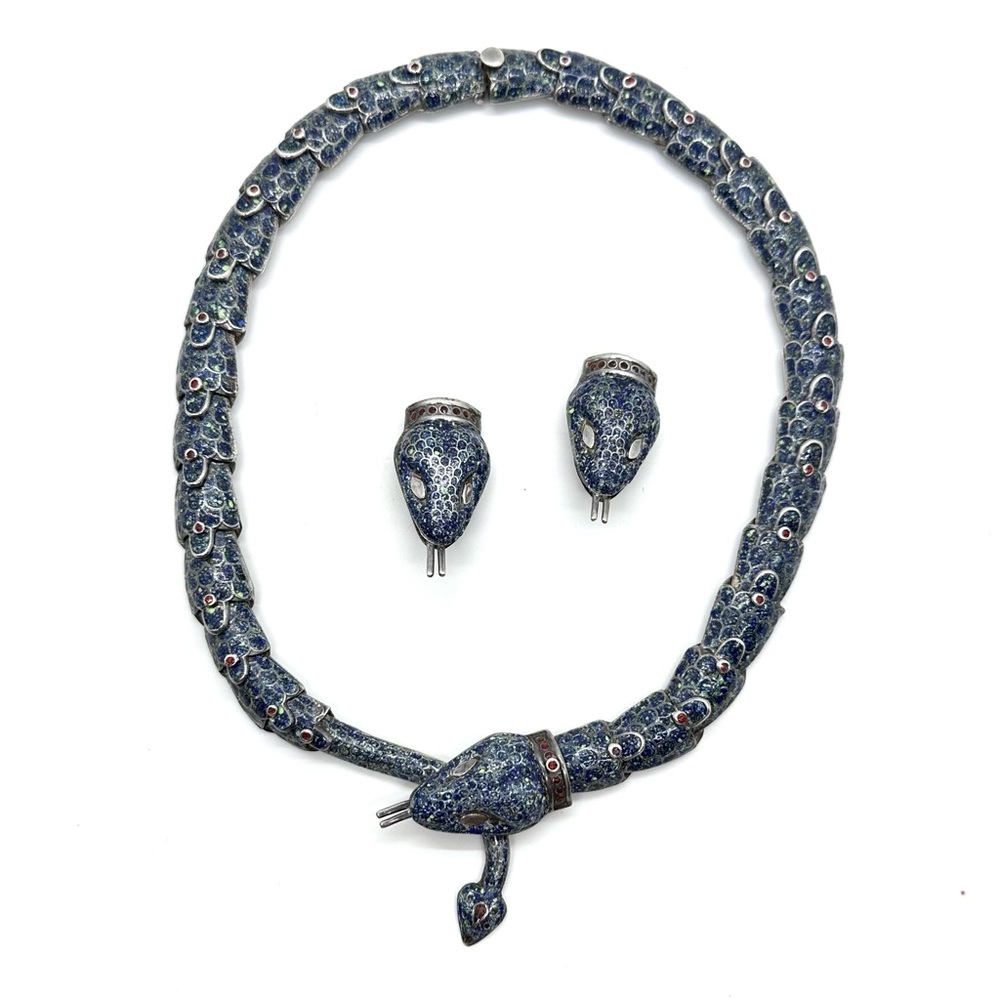 Choker Style Enamel and Silver Snake Necklace and Earring Set